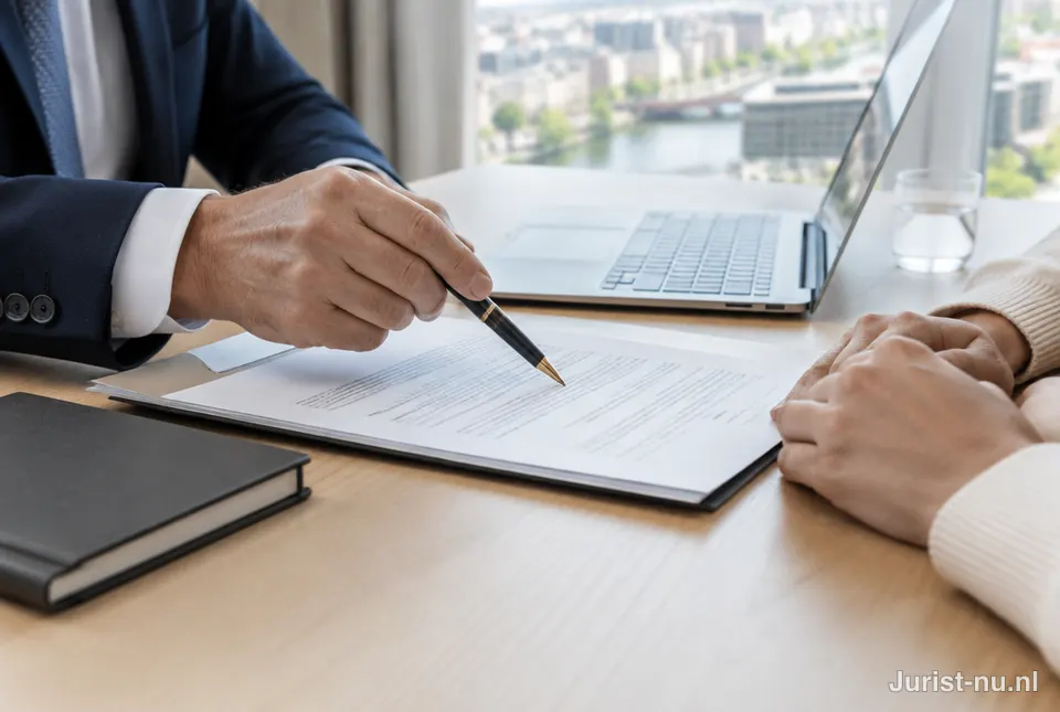 Jurist bespreekt een arbeidscontract met een cliënt aan tafel